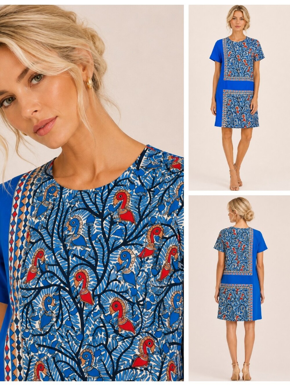 Tory Burch Mallory Framed Bird Print 100% Silk Shift Dress Blue Size 00 EUC $495